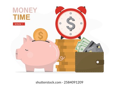 Money time, Savings with piggy bank, wallet with family budget. Deadline payment alarm clock reminder icon. Cash transaction suspend period, salary wages pay day, fast earnings. vector illustration