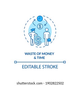 Money and time wasting concept icon. Staff training idea thin line illustration. Recruitment and administrative hours. Budget investment. Vector isolated outline RGB color drawing. Editable stroke