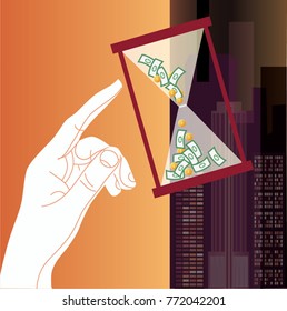 Money time white hand hourglass  town dark background philosophy business vector orange purple colored