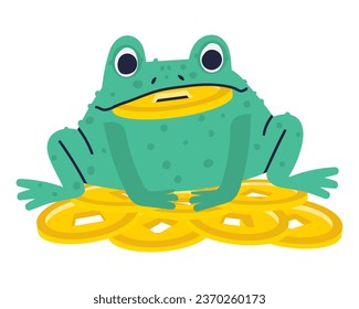 Money toad sits on gold coins. Symbol of wealth. Flat vector illustration, eps10