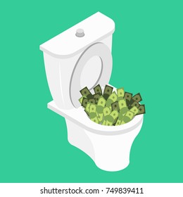 Money in toilet.. Wash off cash in wc. Vector illustration
