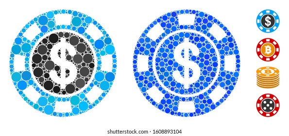 Money token mosaic of round dots in variable sizes and color tinges, based on money token icon. Vector round dots are composed into blue mosaic. Dotted money token icon in usual and blue versions.