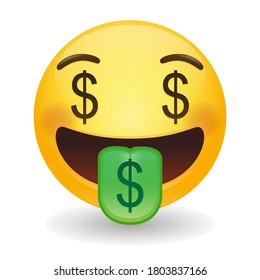 Money Tongue Dollar Emoji Vector art illustration design. Emoticon expression graphic round. Avatar kawaii style.