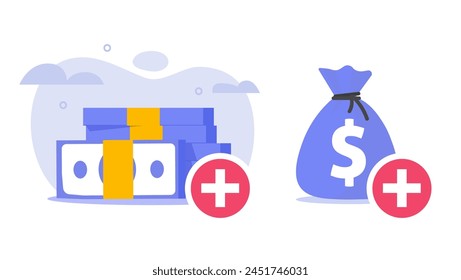 Money topup icon, cash deposit addition element graphic illustration set flat cartoon, account currency balance extra add top up for banking wallet app, place finances symbol image clipart modern