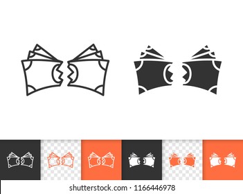 Money Torn black linear and silhouette icons. Thin line sign of bankrupt. Broken Bills outline pictogram isolated on white, transparent backdrop. Vector Icon shape. Money Torn simple symbol closeup