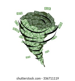 Money tornado. Whirlwind of dollars. Hurricane cash. Destructive funnel wind picks up and blows currency. Financial vortex.