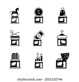 Money, Toy, Barbershop, Bag And Clothing Shop And Pizzeria Icon Set. Line Of Purse-purse Accessories, Pizza, Bank And Bookstore Shop. Save Icon Vector. Editable Row Set. Silhouette Icon Set.