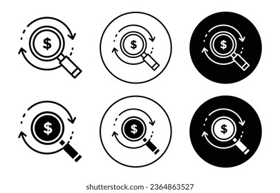 icono de seguimiento de dinero. Conjunto de símbolos de análisis de gastos de finanzas personales. Monitorear el costo de compra comercial y el signo vectorial del historial tributario. Evaluar cuidadosamente el dinero de la cuenta gastado en el logotipo de la línea de productos 