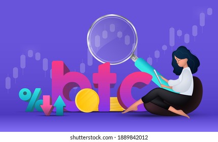 Money training banner. The girl analyzes the finance market. Gold coins, wallet, bank card, magnifier, telephone, chart. Vector.