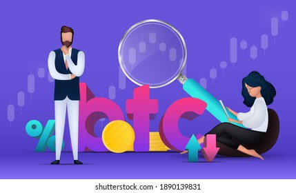 Money training banner. The woman and man analyzes the finance market. Gold coins, wallet, bank card, magnifier, telephone, chart. Vector.