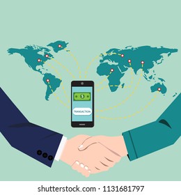 Money transaction around world, business, mobile banking and mobile payment. Vector illustration.