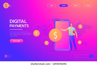 Money transaction around world, business, mobile banking and mobile payment. Vector illustration