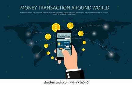 Money Transaction Around World. With Shining Bodies. Business, Mobile Banking And Mobile Payment. Vector Illustration.