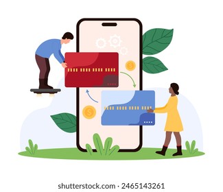 Money transaction between two bank accounts, credit cards, fast payment. Tiny people hold credit cards on phone screen to send and receive currency in mobile application cartoon vector illustration