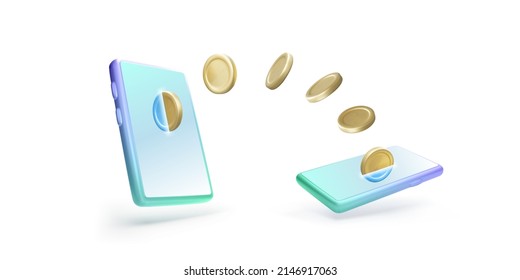 Money transaction between two mobile phone in realistic cartoon style. Online payment or transfer concept. Business and finance. Money management banner. Vector illustration