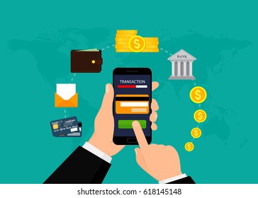 Money transaction, business, mobile banking and mobile payment. Vector illustration. Flat design. EPS10.