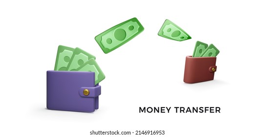 Money transaction concept. 3d wallets and transfer of paper money. Business and finance success. Vector illustration