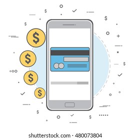 Money transaction concept. Mobile banking and mobile payment. Vector illustration. Line art design