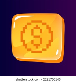 El botón de "Dinero" luce el botón con el icono pixelado. Banca. Elemento gráfico editable de 8 bits en forma cuadrada brillante. Imagen de interfaz de usuario vectorial aislada para web, móvil. Diseño de juegos de estilo retro