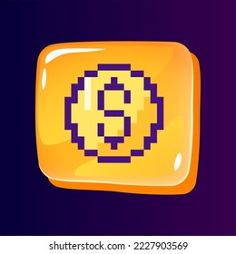 El botón ui brillante de transacción de dinero con el icono de color pixelado. Pago en línea. Banca. Elemento gráfico editable de 8 bits en forma de rectángulo de vidrio brillante. Imagen aislada para arcade, diseño de videojuegos