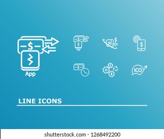 Money transaction icon set and cryptocurrency ico with app payment, nfc payment and mobile banking. Pay time related money transaction icon vector for web UI logo design.