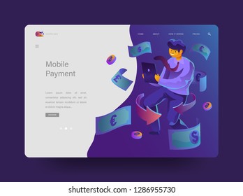 Money Transaction Methods. Online Mobile Payment. Businessman with tablet flies in the money. Lending page for website.