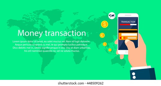Money transaction, mobile banking and mobile payment, business Internet banner. Vector illustration.