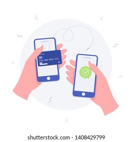 Money transaction online concept. Mobile payments using smartphone. Hand holding a mobile phone and credit card transfer on screen. Trendy flat style. Vector illustration.