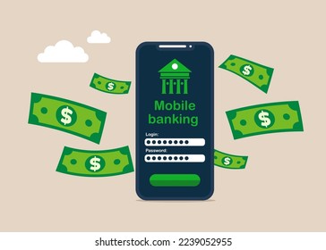 Money transaction, technology, business, mobile banking and mobile payment. Modern flat vector illustration