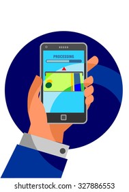 Money transaction, technology, business, mobile banking, processing. Hand holding smart phone with processing debit or credit card transaction screen