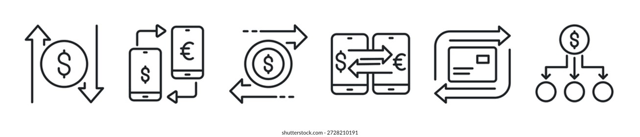 Conjunto de iconos de línea delgada de transacción de dinero. Iconos mínimos de Web