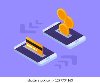 Money transaction and transfer process. Mobile banking and mobile payment concept. Vector 3d isometric illustration. EPS 10.