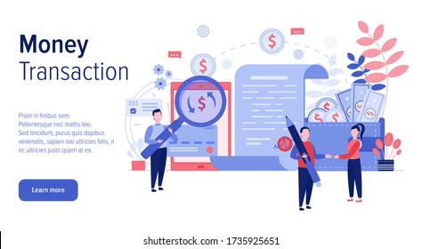 Money transaction web banner template, vector flat style design illustration. Mobile payment, online money transfer concept with micro characters, huge smartphone, wallet.