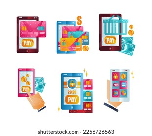 Money Transactions and Mobile Payments with Smartphone and Credit Card Vector Set