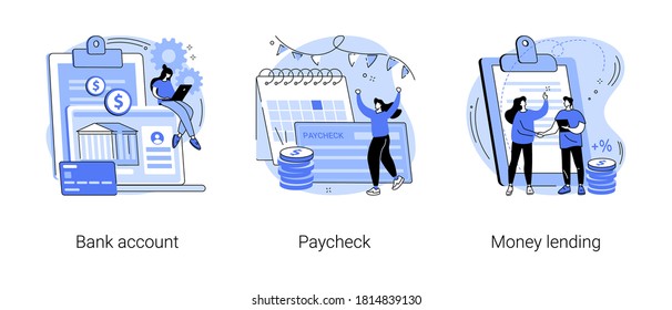 Money Transfer Abstract Concept Vector Illustration Set. Bank Account, Paycheck, Money Lending, Online Banking, Savings Deposit, Payroll, Bank Credit Card Details, Abstract Metaphor.