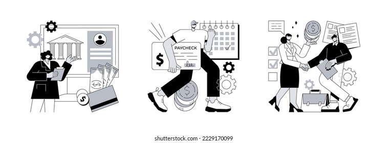 Money transfer abstract concept vector illustration set. Bank account, paycheck, money lending, online banking, savings deposit, payroll, bank credit card details, abstract metaphor.