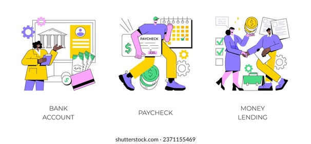 Money transfer abstract concept vector illustration set. Bank account, paycheck, money lending, online banking, savings deposit, payroll, bank credit card details, abstract metaphor.