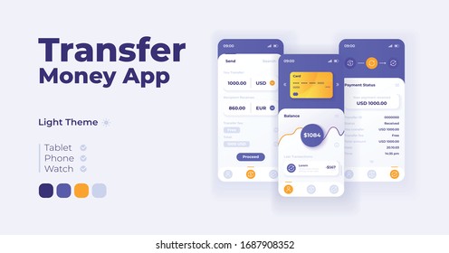 Money transfer app cartoon smartphone interface vector templates set. Mobile app screen page day mode design. Balance and transaction details UI for application. Phone display with flat character