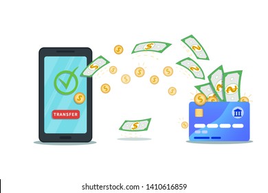 Money transfer app. Flat smartphone with nfc credit card, check mark and transfer button isolated on white background. Successful bank transaction. Virtual wallet. Online payment service. Cash flow