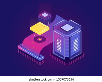 Money transfer app, isometric concept of mobile application for finance management, online payment and digital pay, mobile phone with payroll receipt, ultraviolet