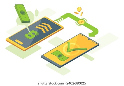 Aplicación de transferencia de dinero isométrica. Ilustración conceptual de vectores de transferencia móvil de dinero. Dos smartphones y un paquete de billetes y monedas están volando de un smartphone a otro