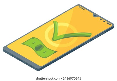 Money transfer app isometric. Vector concept illustration of mobile money transfer. Two smartphones and bundle of the banknotes and coins are flying from one smartphone to the other