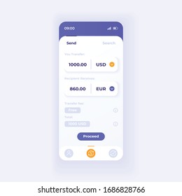 Money transfer application smartphone interface vector template. Mobile app page light theme design layout. Currency exchange screen. Flat UI for application. Financial operations phone display