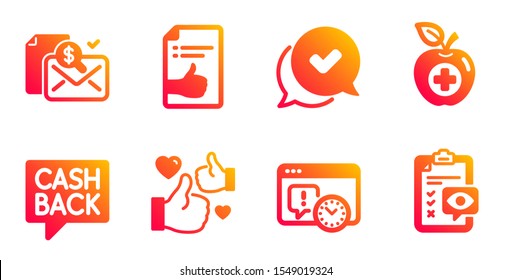 Conjunto de iconos de línea de fecha límite de proyecto, documento aprobado y transferencia de dinero. Informe contable, Alimentos médicos y signos aprobados. Símbolos de la lista de comprobación de Ojos. Mensaje de devolución de dinero, como símbolo. Vector