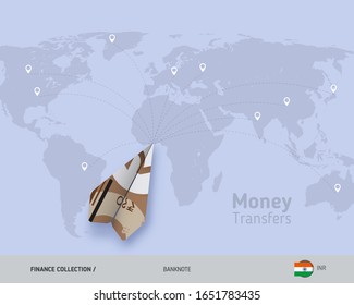 Money Transfer Around The World. 10 Indian Rupee Paper Plane. Flat Style Vector Illustration.