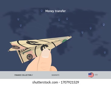 Money transfer around the world. 10 US Dollar paper plane. Flat style vector illustration.
