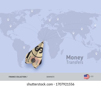 Money transfer around the world. 10 US Dollar paper plane. Flat style vector illustration.