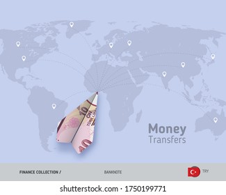 Money Transfer Around The World. 10 Turkish Lira Paper Plane. Flat Style Vector Illustration.