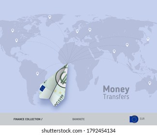 Money Transfer Around The World. 100 Euro Paper Plane. Flat Style Vector Illustration.