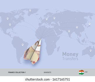 Money Transfer Around The World. 1000 Indian Rupee Paper Plane.
Flat Style Vector Illustration.